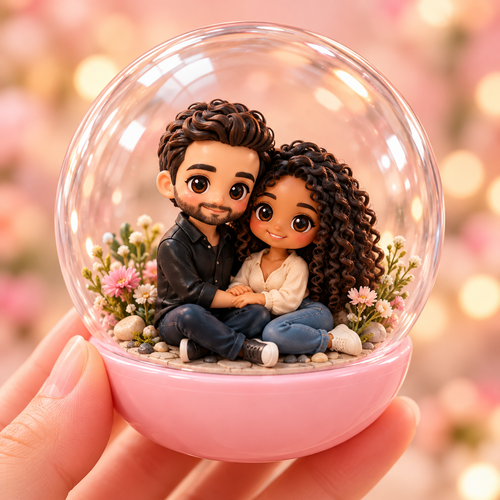 Illustrative personalized couple miniature in a clear capsule with a pink base