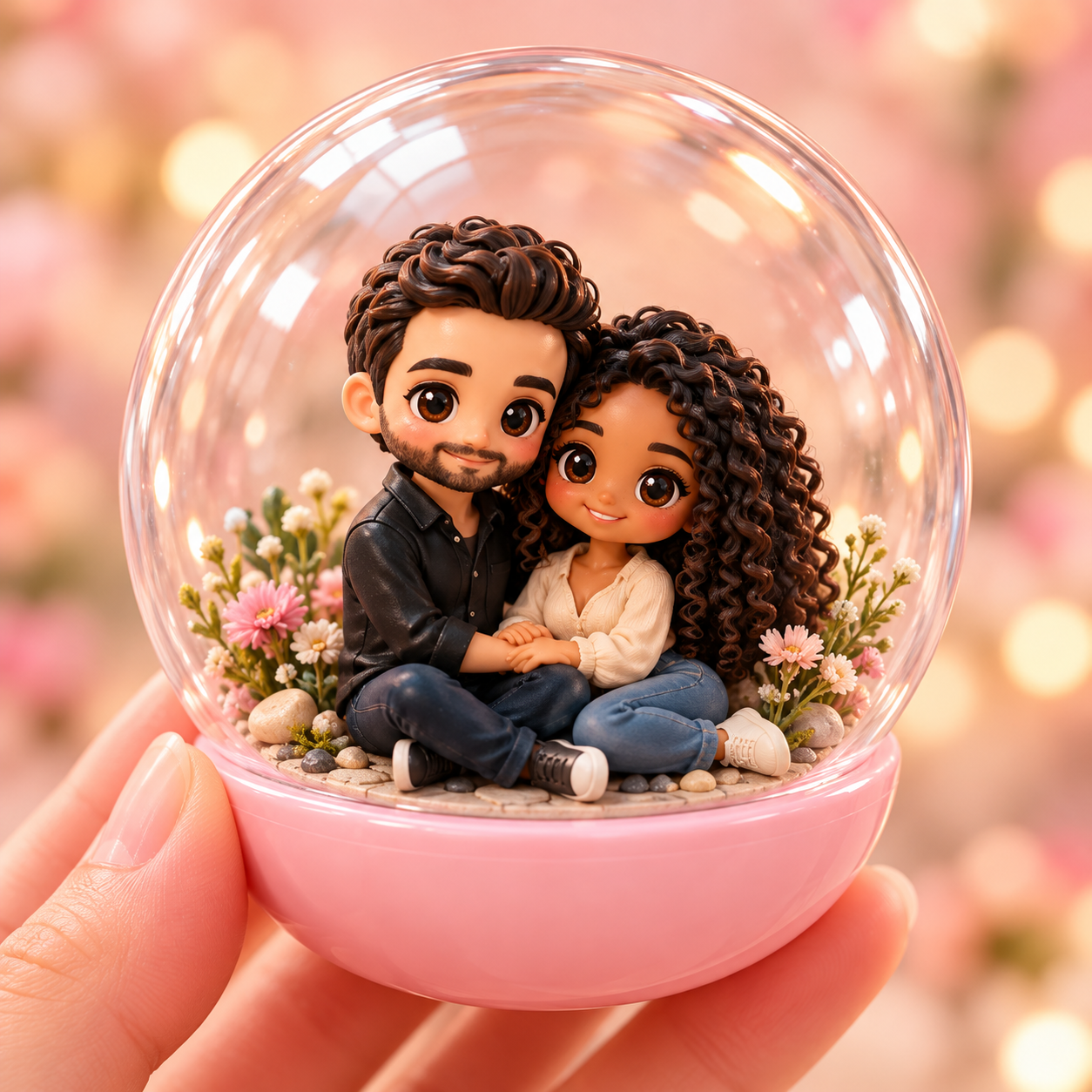 Illustrative two-person MiniMe couple on a pink base